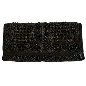 Vintage Jordan Marsh  black  straw & rope clutch inside zip pocket